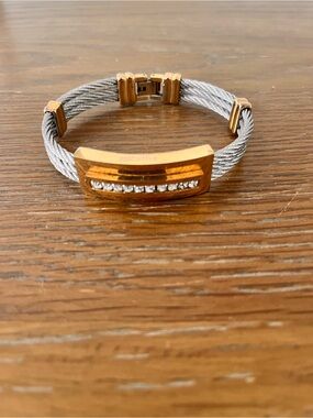 Two-Tone Cable Bracelet with Gold Plate and Crystal Accent